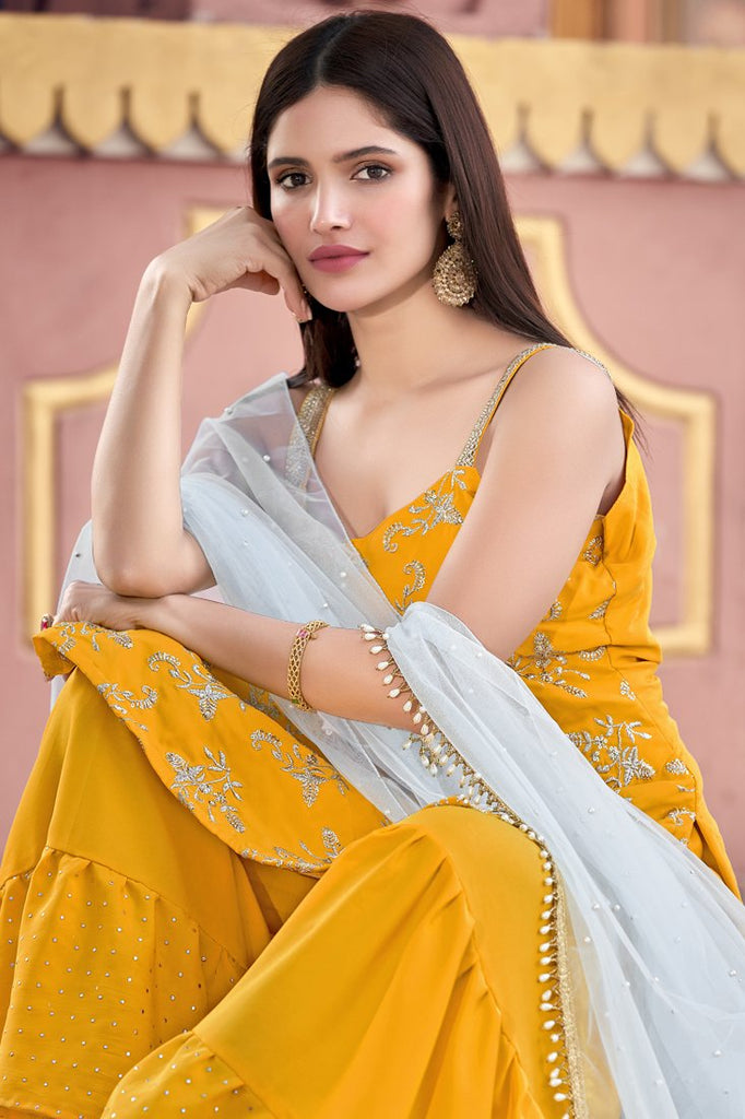 Mustard Yellow Semi Stitched Kurti And Sharara Set For Party Wear Clothsvilla