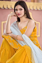 Load image into Gallery viewer, Mustard Yellow Semi Stitched Kurti And Sharara Set For Party Wear Clothsvilla