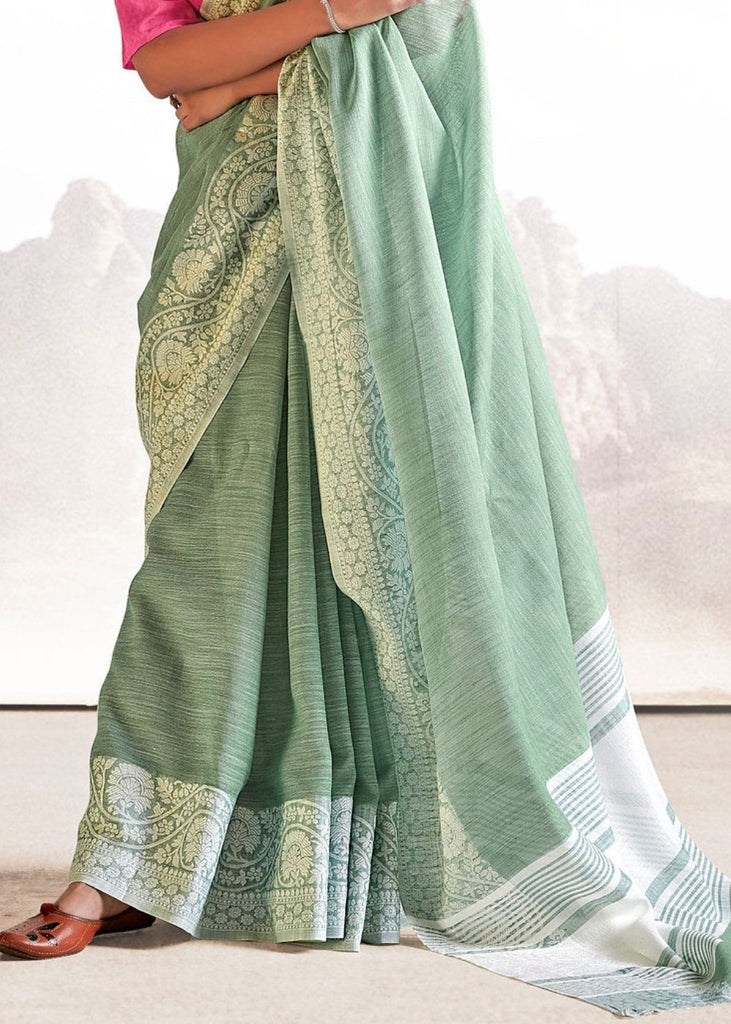 Viridian Green Soft Linen Silk Saree with Lucknowi work and Sequence Blouse Clothsvilla