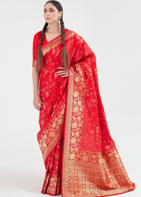 Candy Red Zari Woven Banarasi Silk Saree Clothsvilla Main image