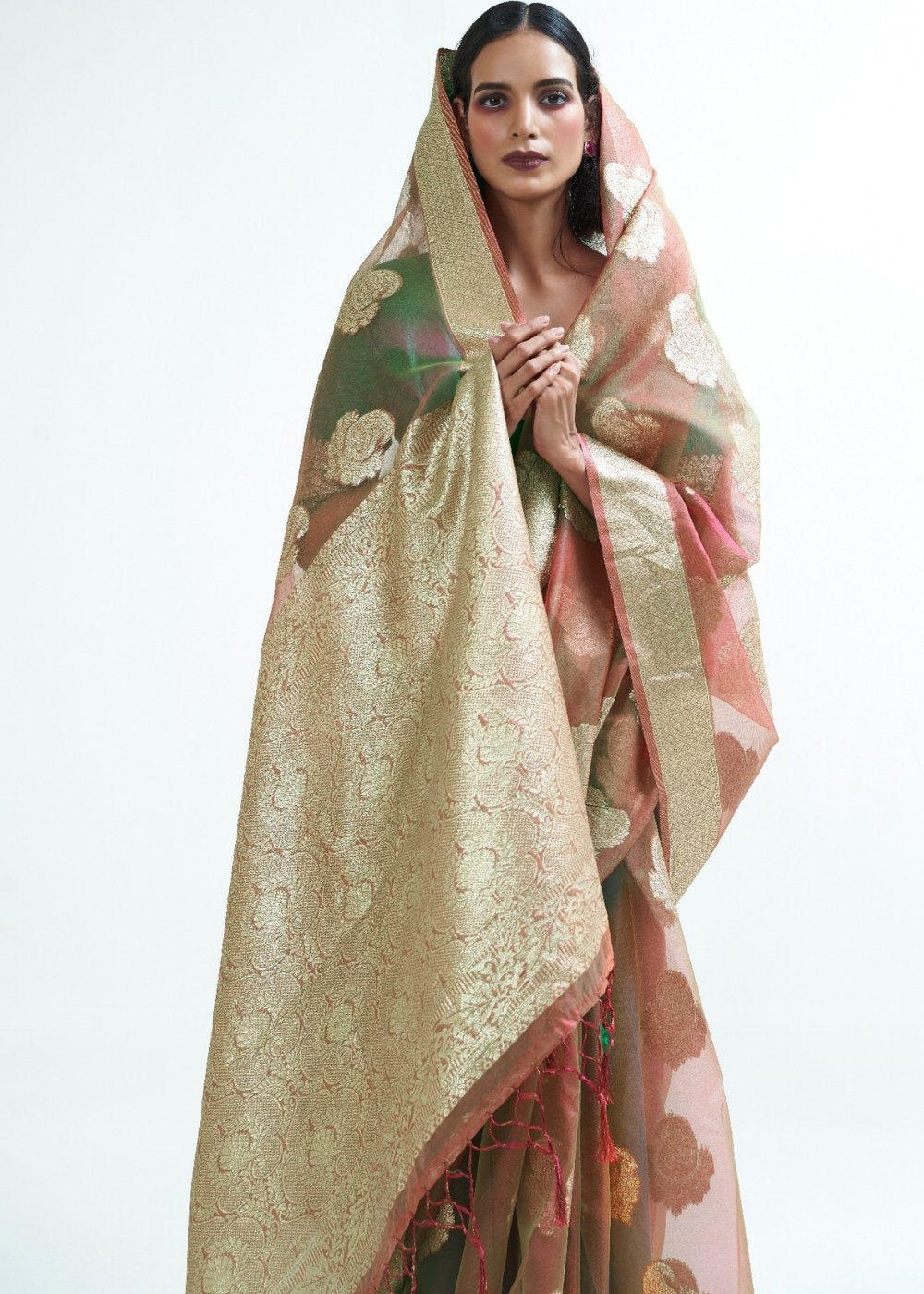 Light Brown Designer Woven Organza Silk Saree Secondary image