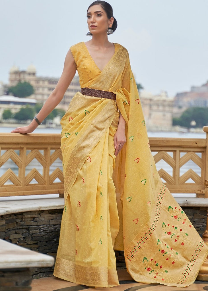 Corn Yellow Woven Linen Silk Saree Clothsvilla