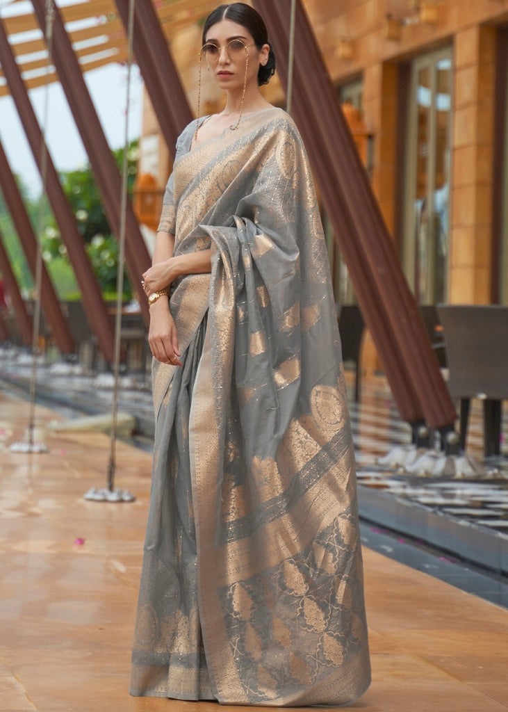 Lava Grey Zari Woven Silk Saree with Sequins work Clothsvilla