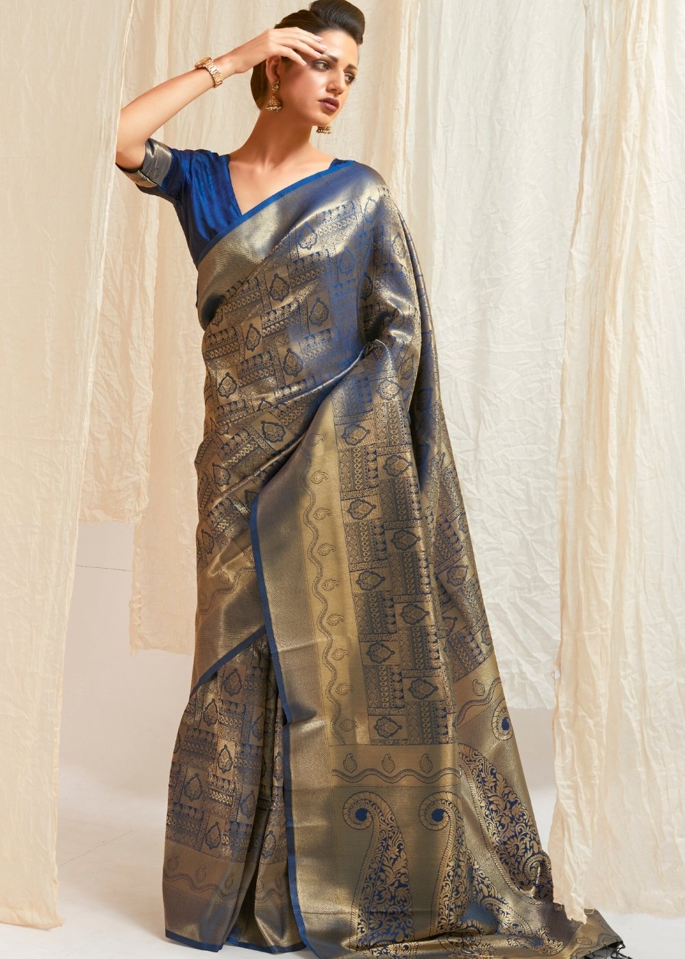 Lapis Blue & Golden Blend Kanjivaram Silk Saree Clothsvilla Main image