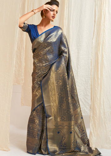 Lapis Blue & Golden Blend Kanjivaram Silk Saree Clothsvilla