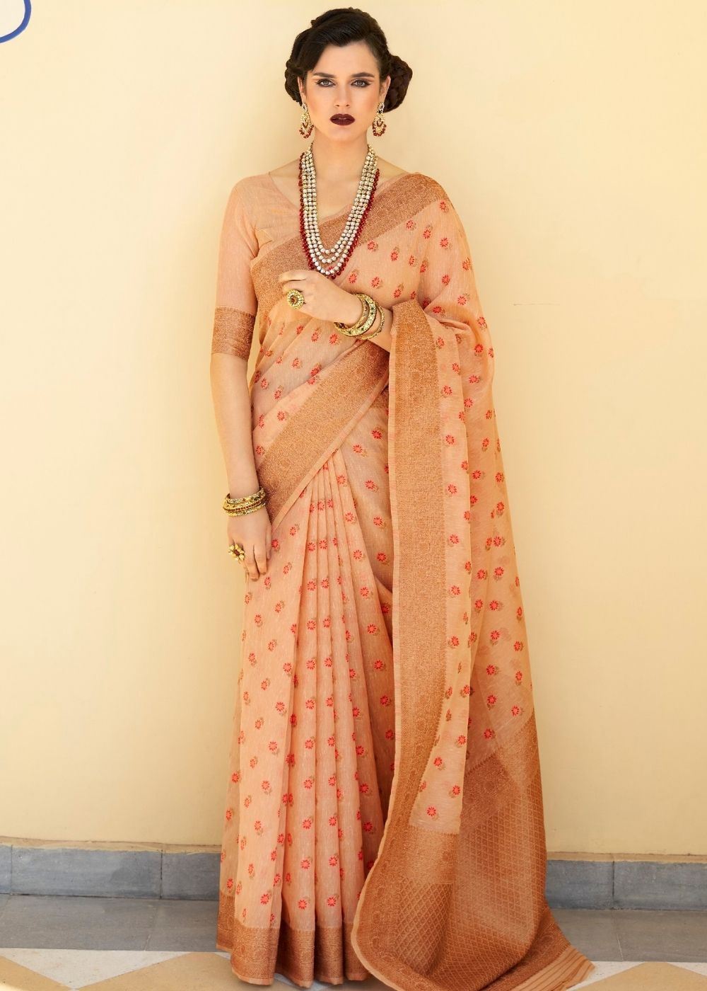 Cantaloupe Orange Pure Linen Woven Silk Saree with Zari work on Border and Pallu Clothsvilla Main image