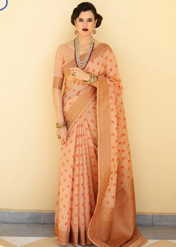 Cantaloupe Orange Pure Linen Woven Silk Saree with Zari work on Border and Pallu Clothsvilla