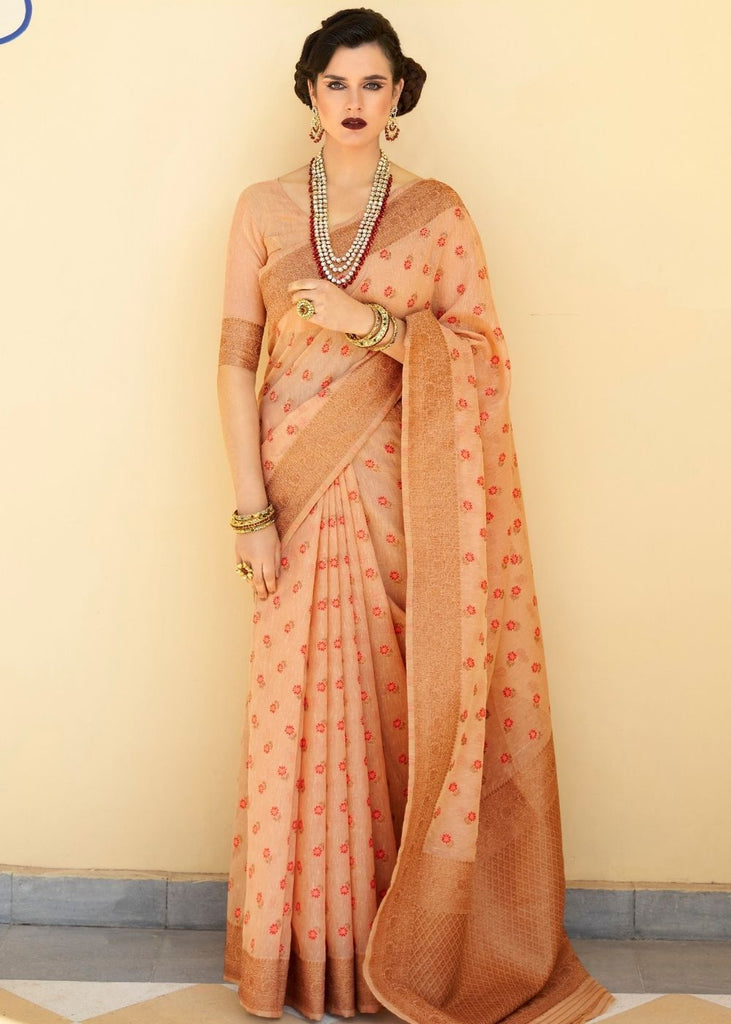 Cantaloupe Orange Pure Linen Woven Silk Saree with Zari work on Border and Pallu Clothsvilla