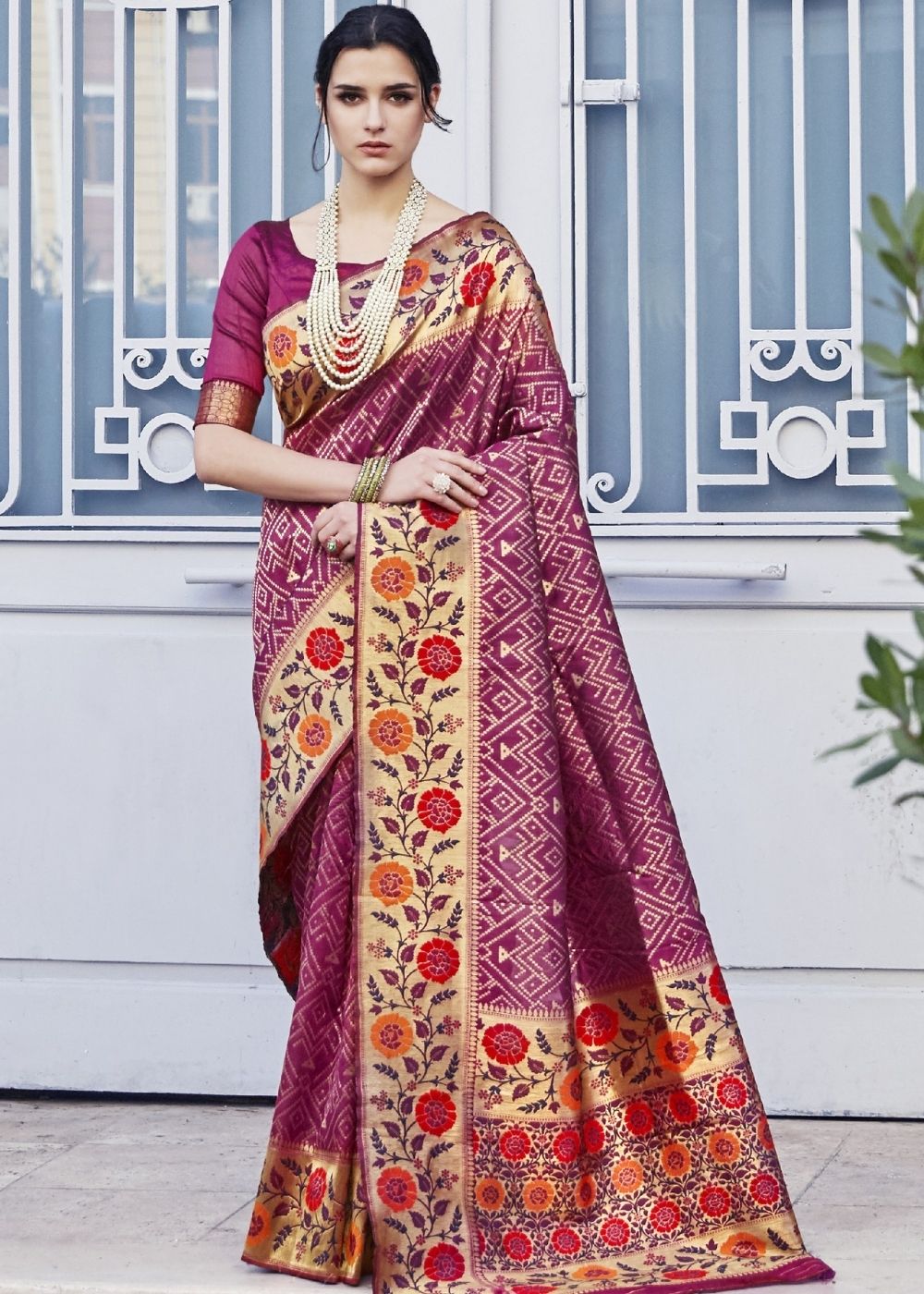 Begonia Pink and Golden Blend Silk Saree with Floral Woven Border and Pallu Clothsvilla Main image