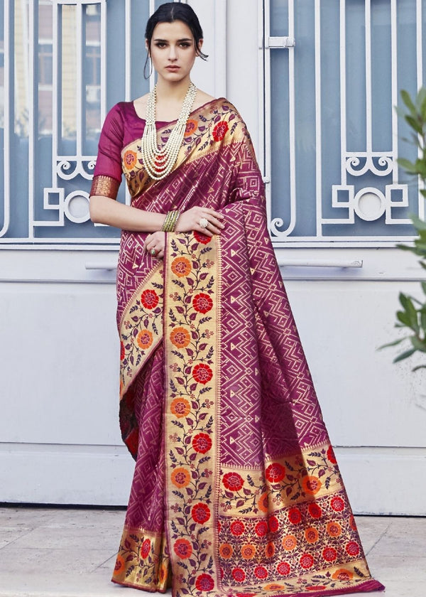 Begonia Pink and Golden Blend Silk Saree with Floral Woven Border and Pallu Clothsvilla