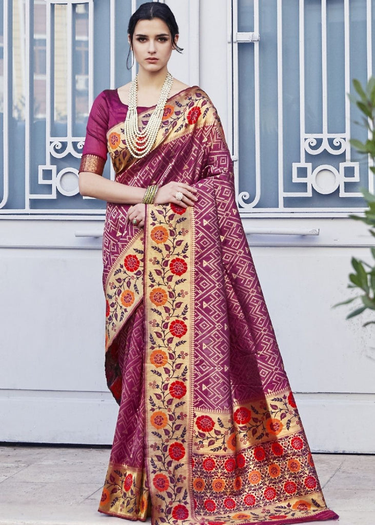 Begonia Pink and Golden Blend Silk Saree with Floral Woven Border and Pallu Clothsvilla