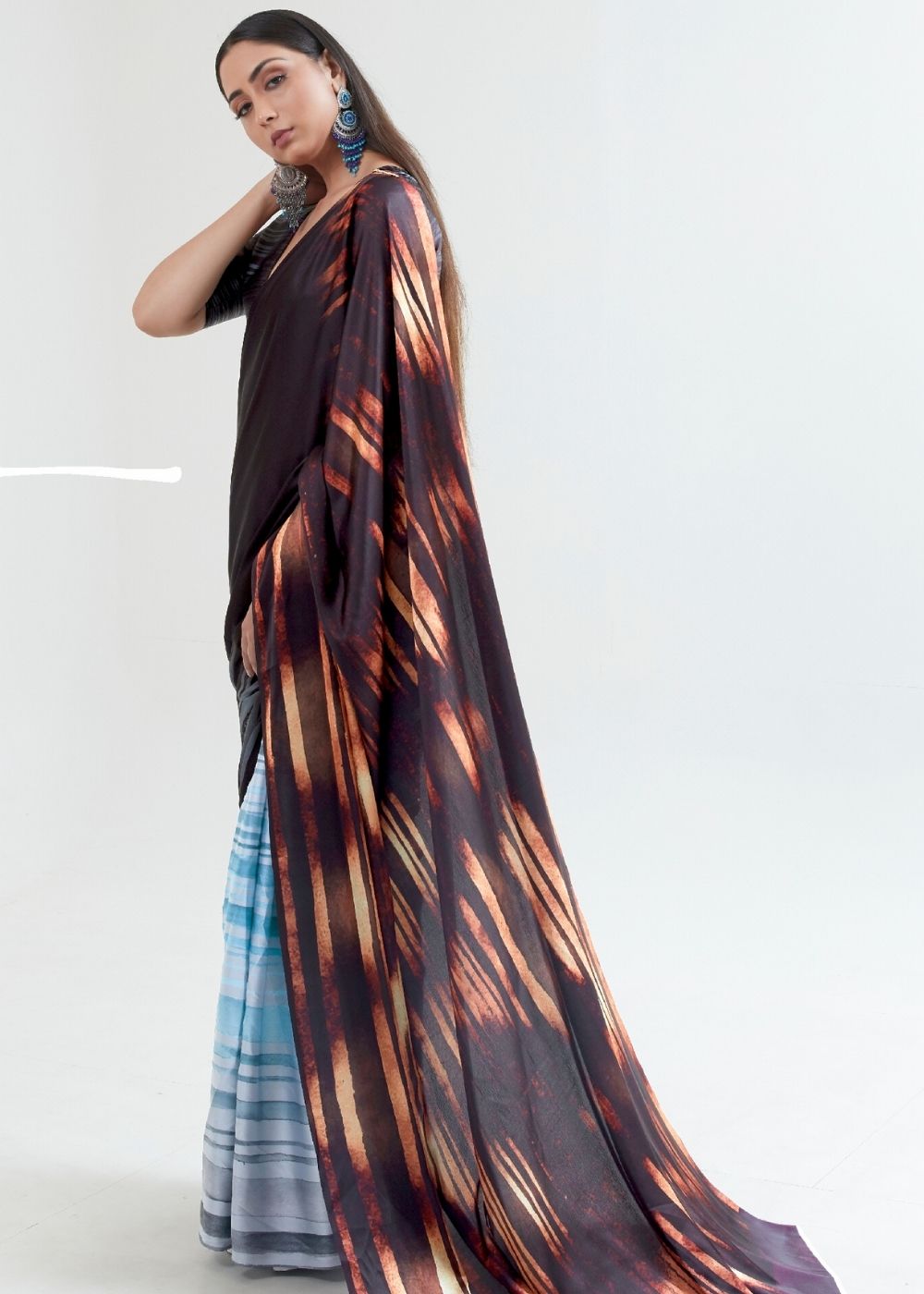 Hickory Brown & Blue Satin Silk Digital Printed Saree Clothsvilla Main image