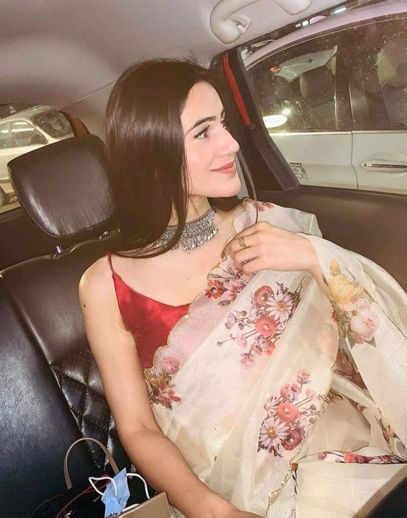 Kashmiri Organza Floral Print Handwork Saree with Maroon Silk Blouse ClothsVilla