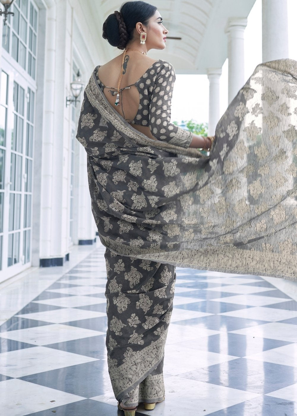 Silver Grey Lucknowi Chikankari Weaving Silk Saree Clothsvilla