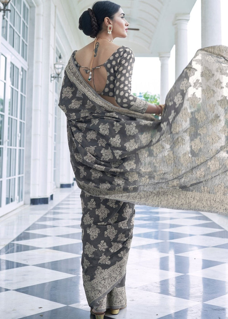 Dove Grey Weaved Lucknowi Chikankari Saree – STORI