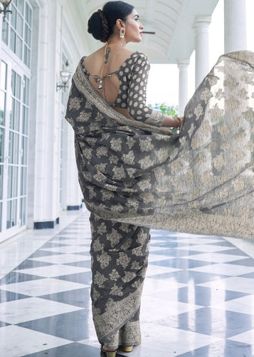 Silver Grey Lucknowi Chikankari Weaving Silk Saree Clothsvilla