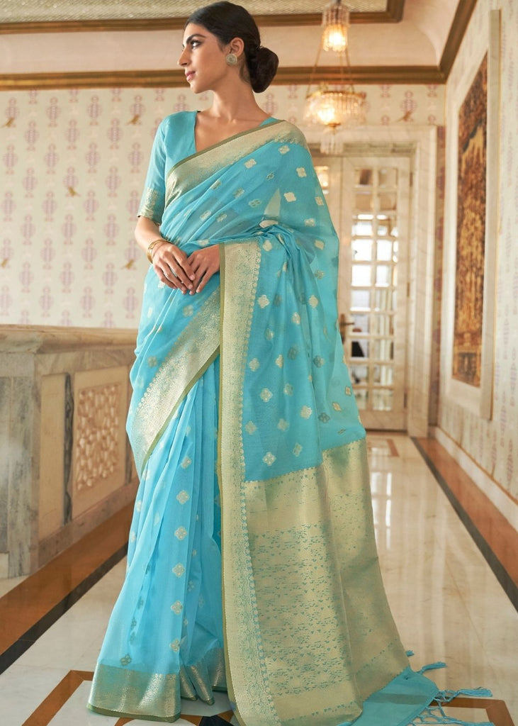 Arctic Blue Zari Woven Linen Silk Saree Clothsvilla