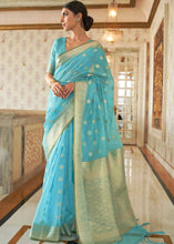 Load image into Gallery viewer, Arctic Blue Zari Woven Linen Silk Saree Clothsvilla