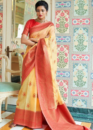 Yellow Woven Linen Silk Saree with Butti overall Clothsvilla