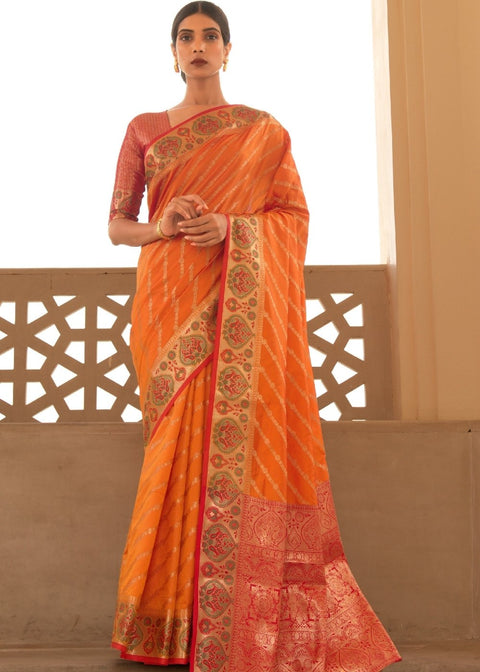 Amber Orange Woven Soft Banarasi Silk Saree with Contrast Pallu & Blouse Clothsvilla Main image