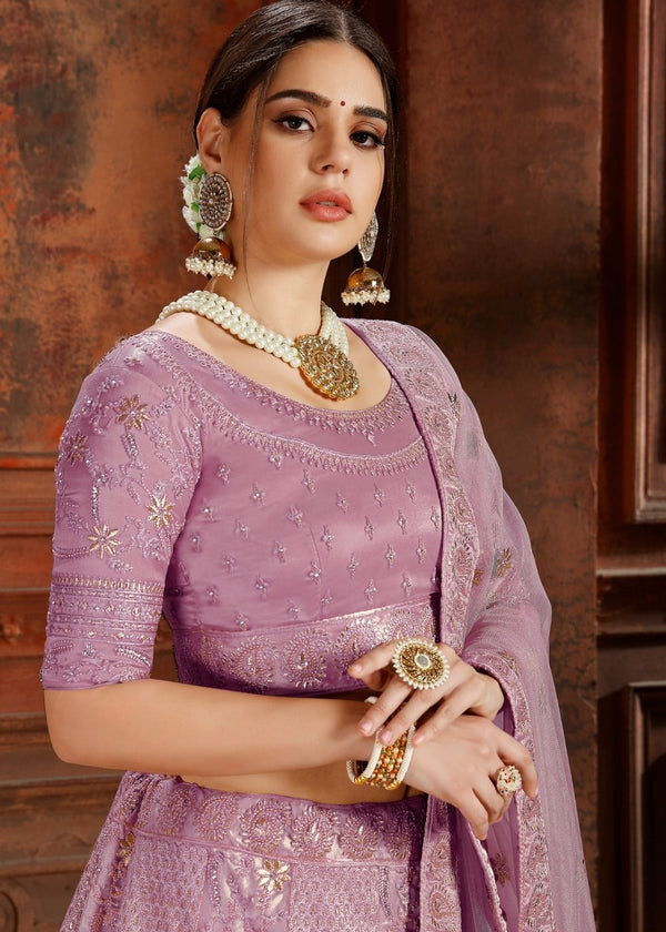 Lavender Purple Soft Net Lehenga Choli with Thread,Zari, Zarkan & Pearl work Clothsvilla