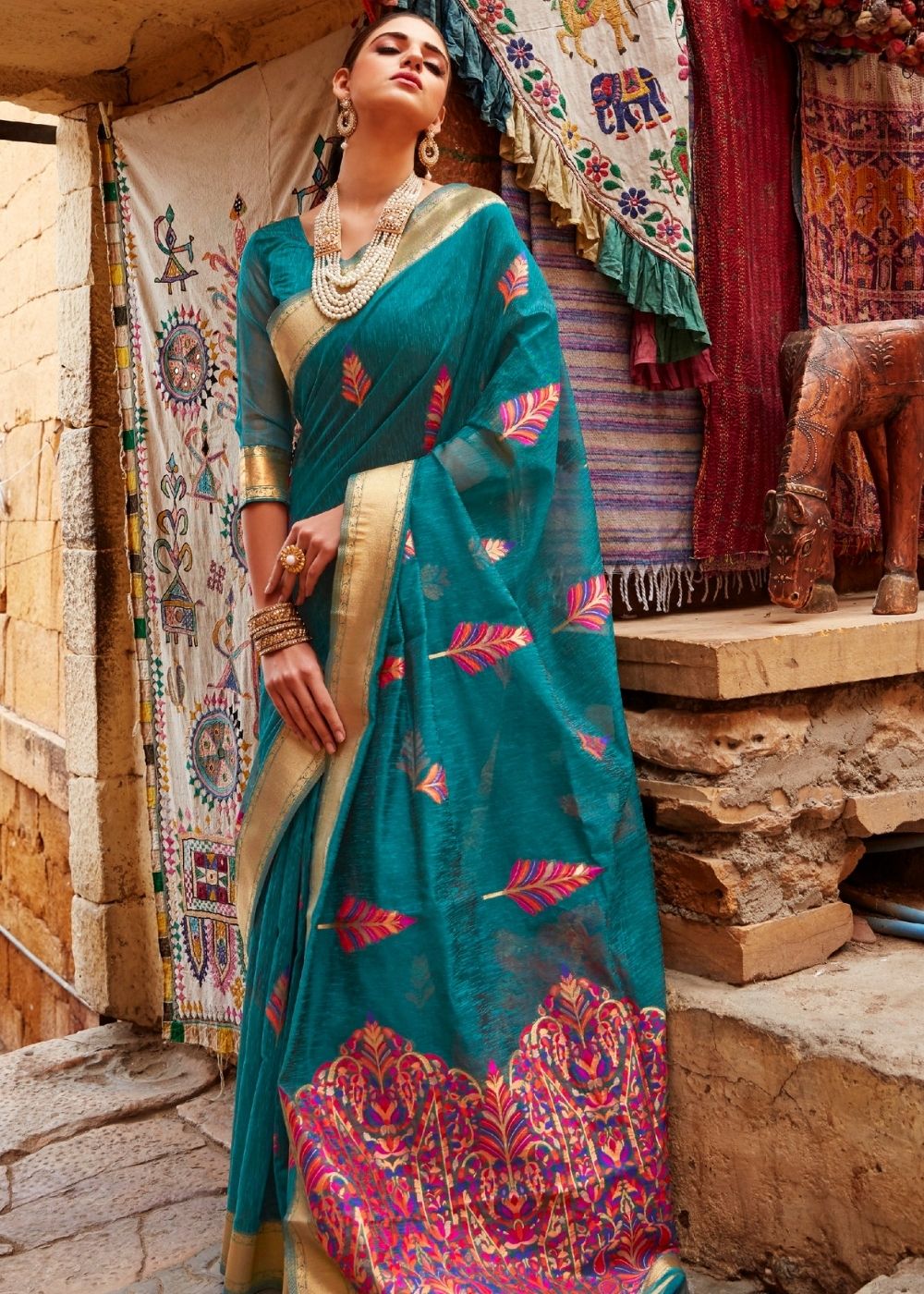 Pine Green Linen Silk Saree with Colorful Weaving work Clothsvilla