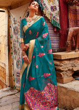 Load image into Gallery viewer, Pine Green Linen Silk Saree with Colorful Weaving work Clothsvilla