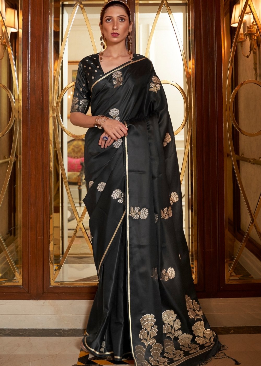 Midnight Black Designer Satin Silk Saree Clothsvilla Main image