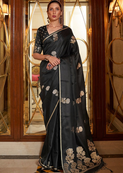 Midnight Black Designer Satin Silk Saree Clothsvilla Main image