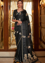 Load image into Gallery viewer, Midnight Black Designer Satin Silk Saree Clothsvilla