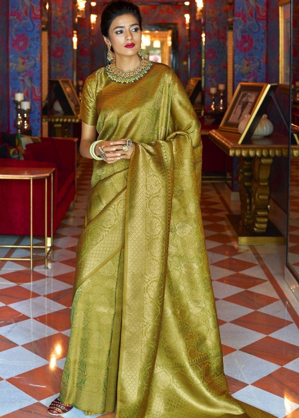 Olive Green and Golden Blend Woven Kanjivaram Soft Silk Saree : Top Pick Clothsvilla Main image