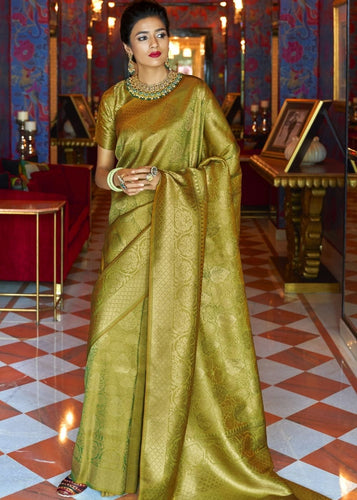Olive Green and Golden Blend Woven Kanjivaram Soft Silk Saree : Top Pick Clothsvilla