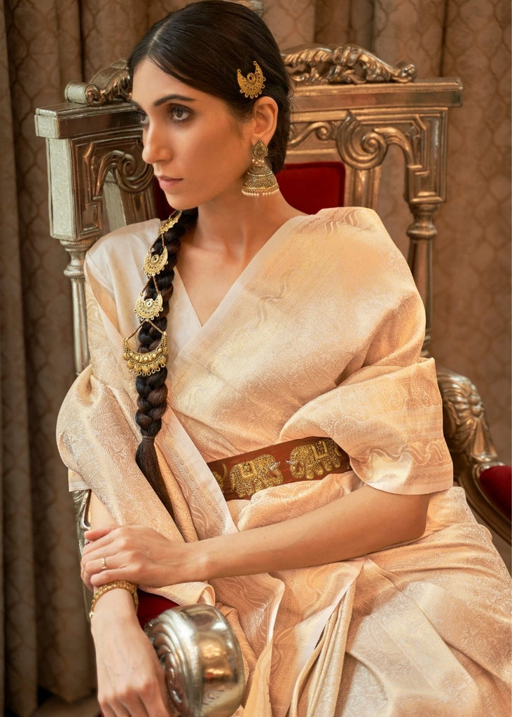 Parchment White & Golden Zari Woven Kanjivaram Silk Saree with Tassels on Pallu Clothsvilla