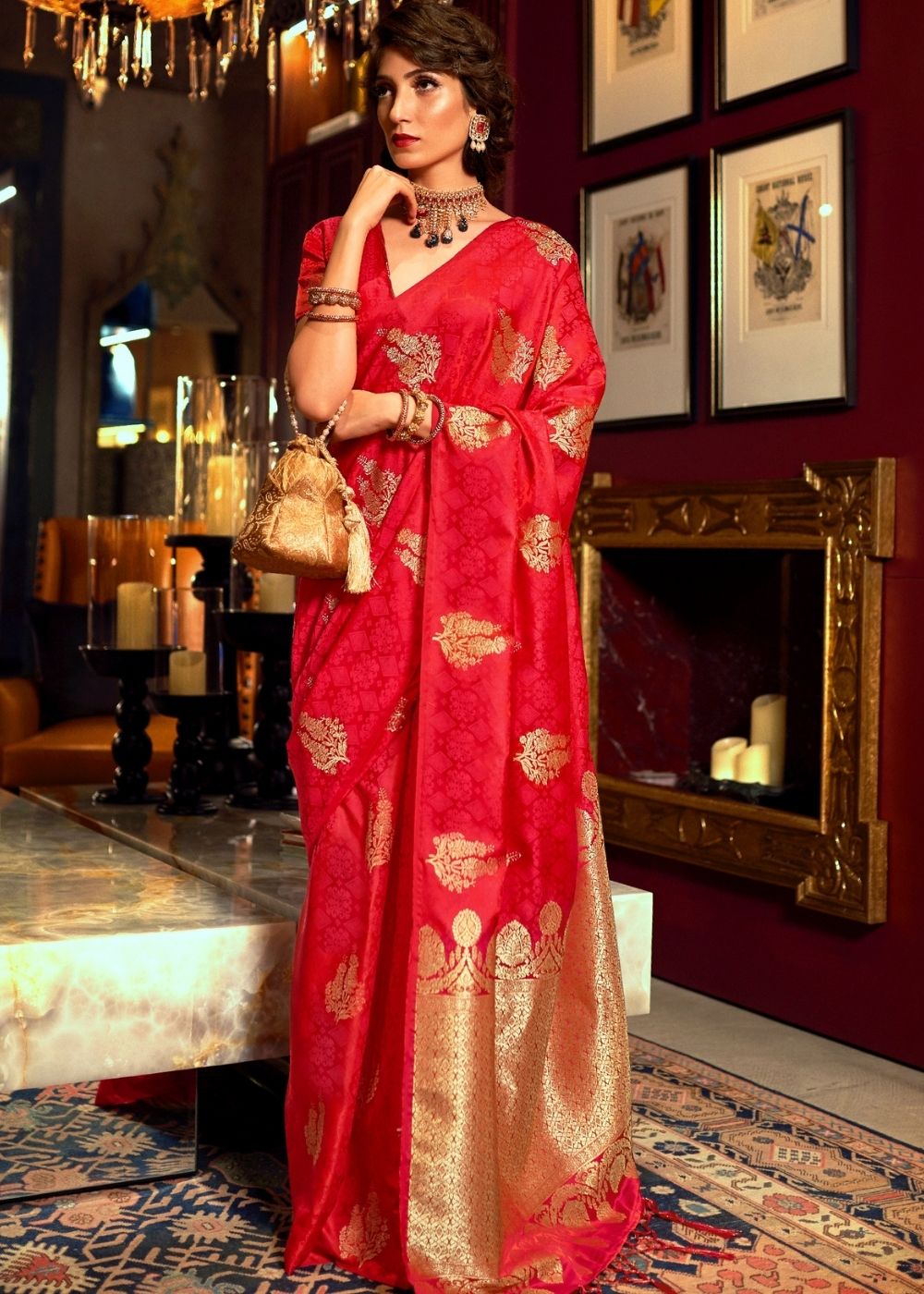 Scarlet Red Satin Woven Silk Saree with overall Golden Buti Clothsvilla Main image