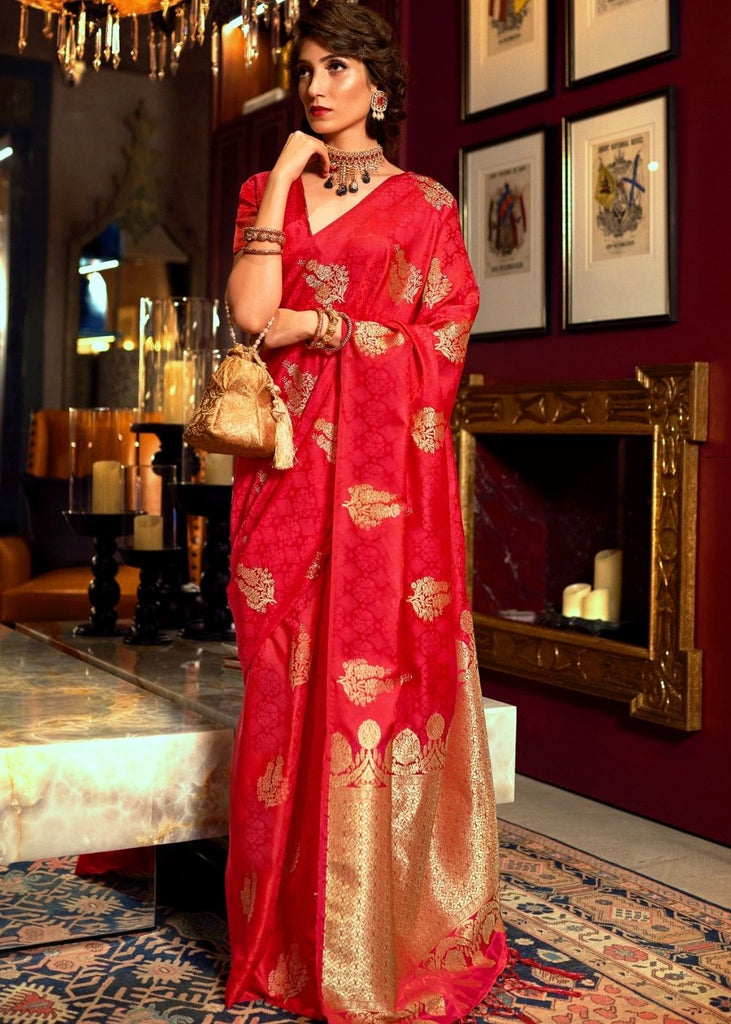 Scarlet Red Satin Woven Silk Saree with overall Golden Buti Clothsvilla