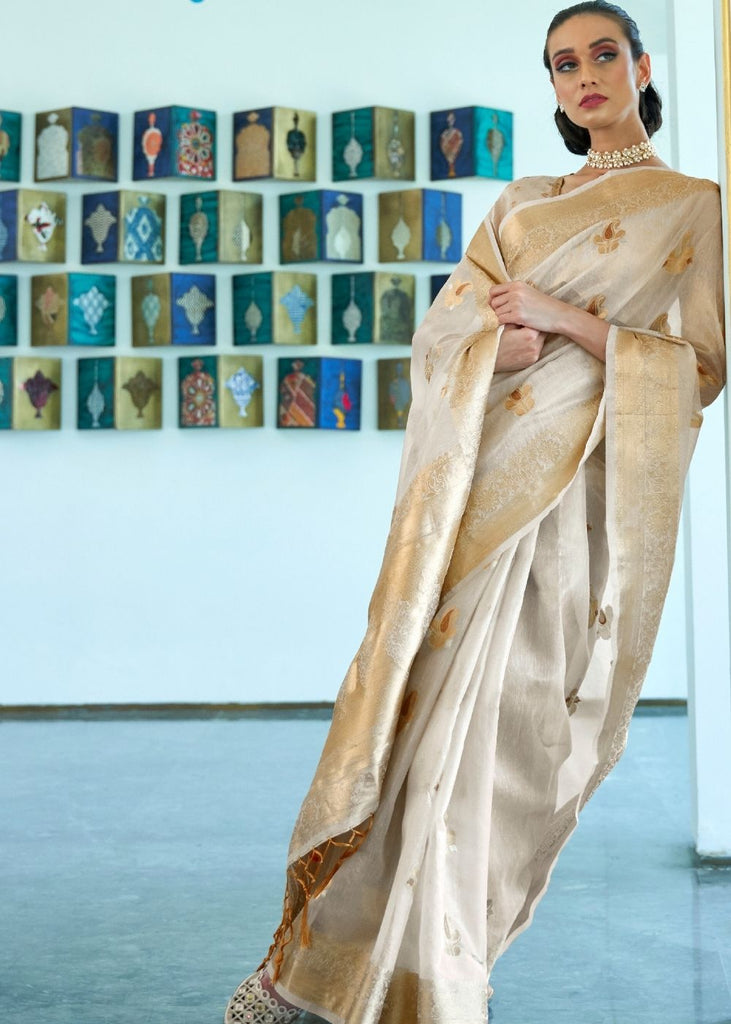 Ivory White Zari Woven Organza Silk Saree : Top Pick Clothsvilla