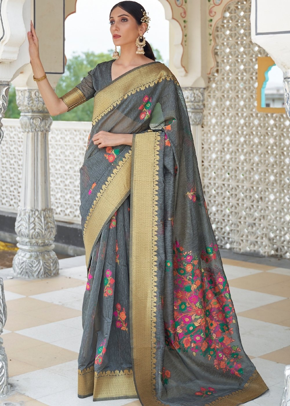 Iron Grey Floral Embroidered Linen Silk Saree Clothsvilla Main image