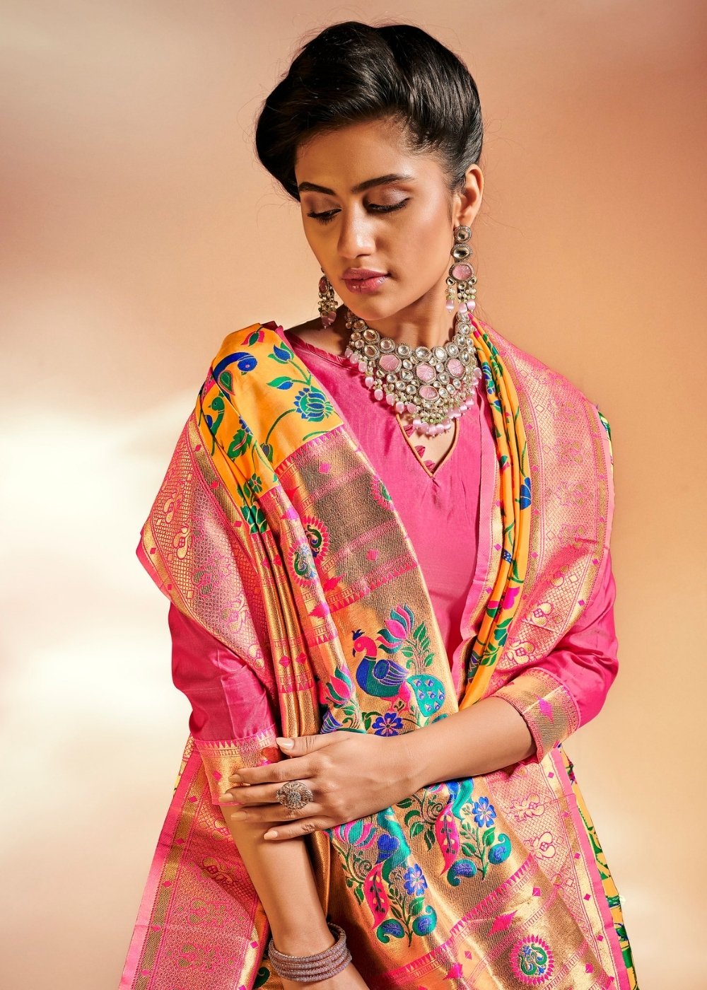 Saffron Yellow Woven Banarasi Paithani Silk Saree Clothsvilla