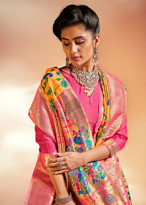 Saffron Yellow Woven Banarasi Paithani Silk Saree Clothsvilla