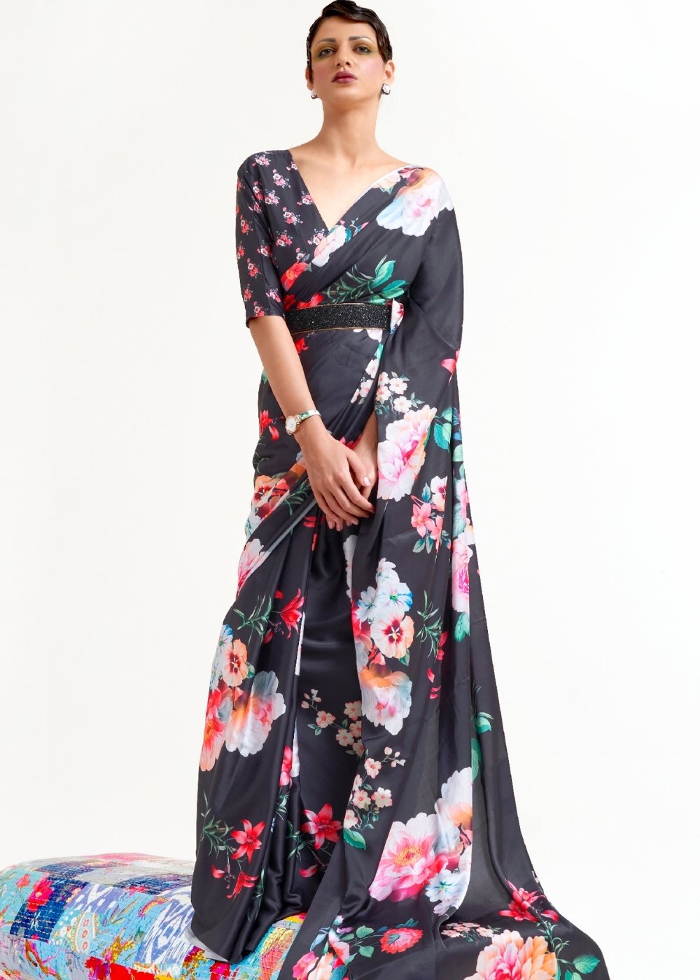 Raven Black Digital Printed Satin Crepe Saree Clothsvilla Main image