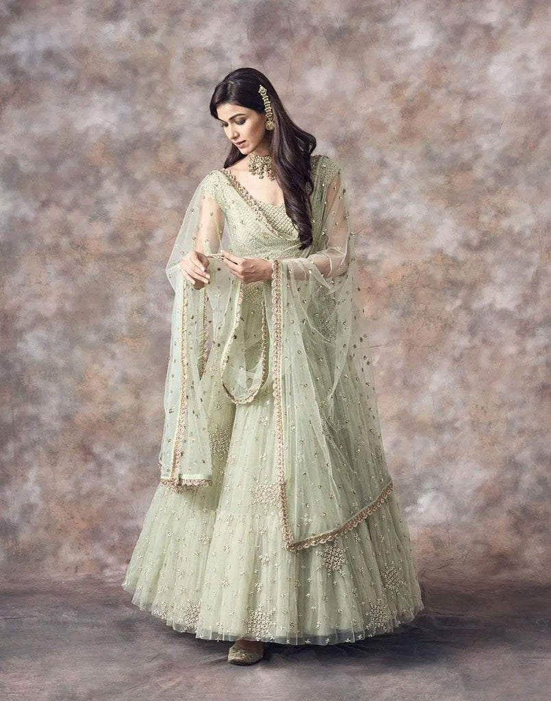 Gorgeous Light Green Color Net with Devsena Crushed Pleated Satin with –  Sulbha Fashions
