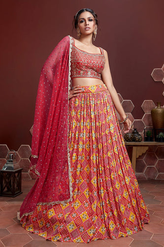 Gorgeous Red Digital Print Chinnon Silk Engagement Wear Lehenga Choli Clothsvilla