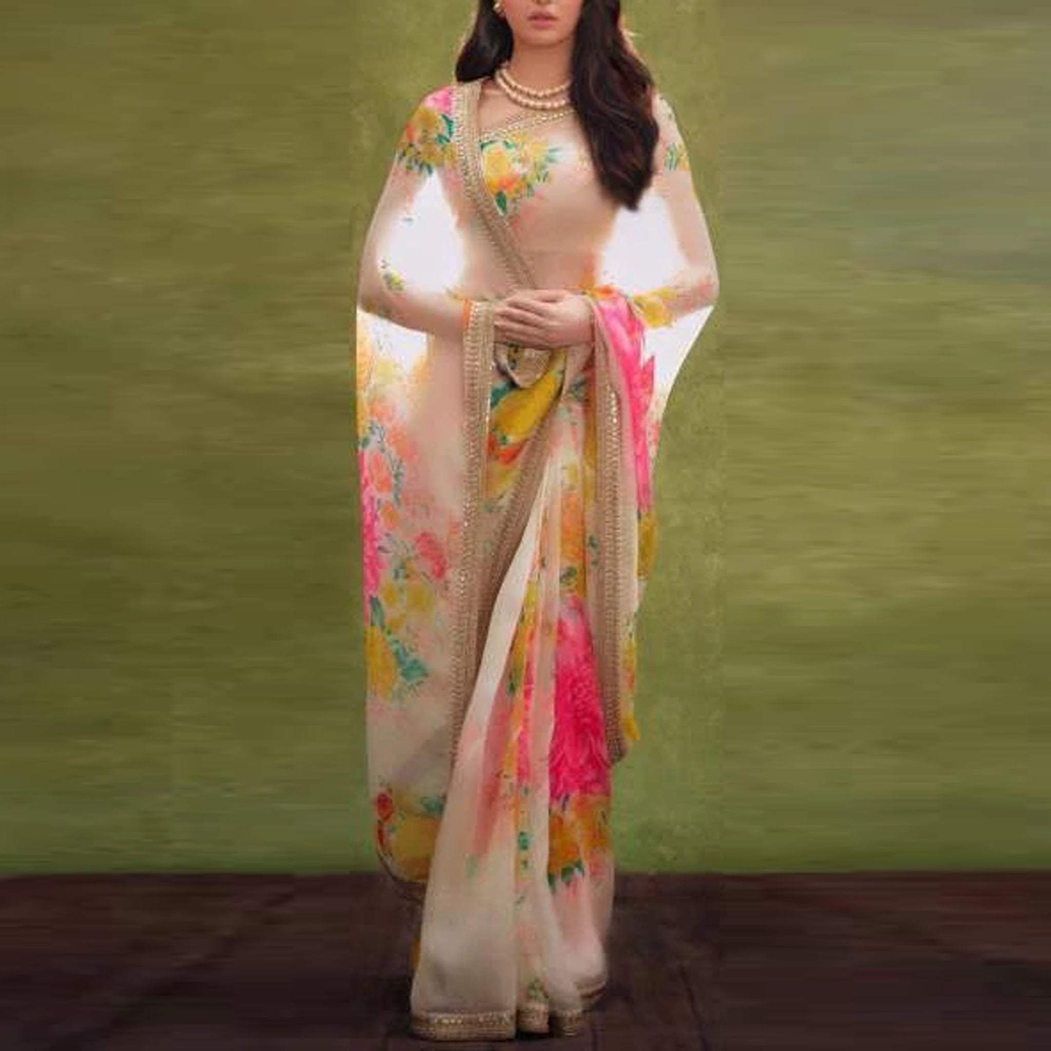 Organa Silk Saree in Digital Print with Embroidery Sequence Work Lace ClothsVilla Main image
