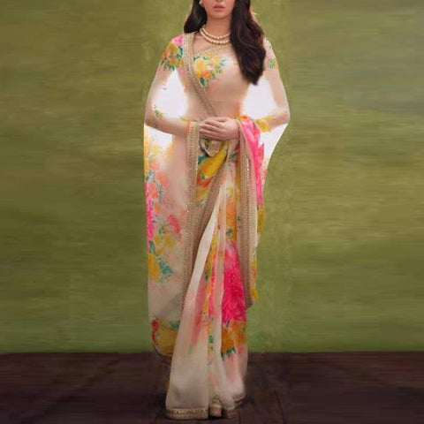 Organa Silk Saree in Digital Print with Embroidery Sequence Work Lace ClothsVilla Main image
