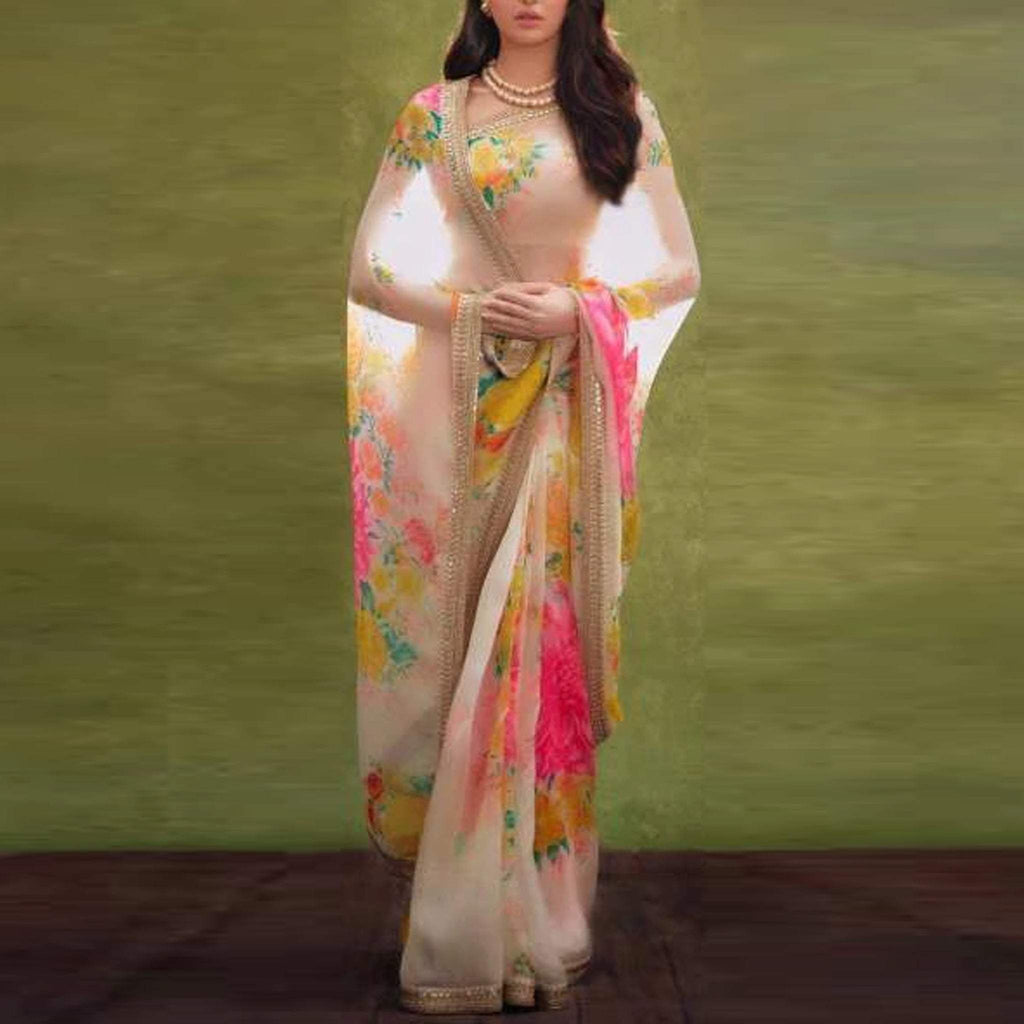 Organa Silk Saree in Digital Print with Embroidery Sequence Work Lace ClothsVilla