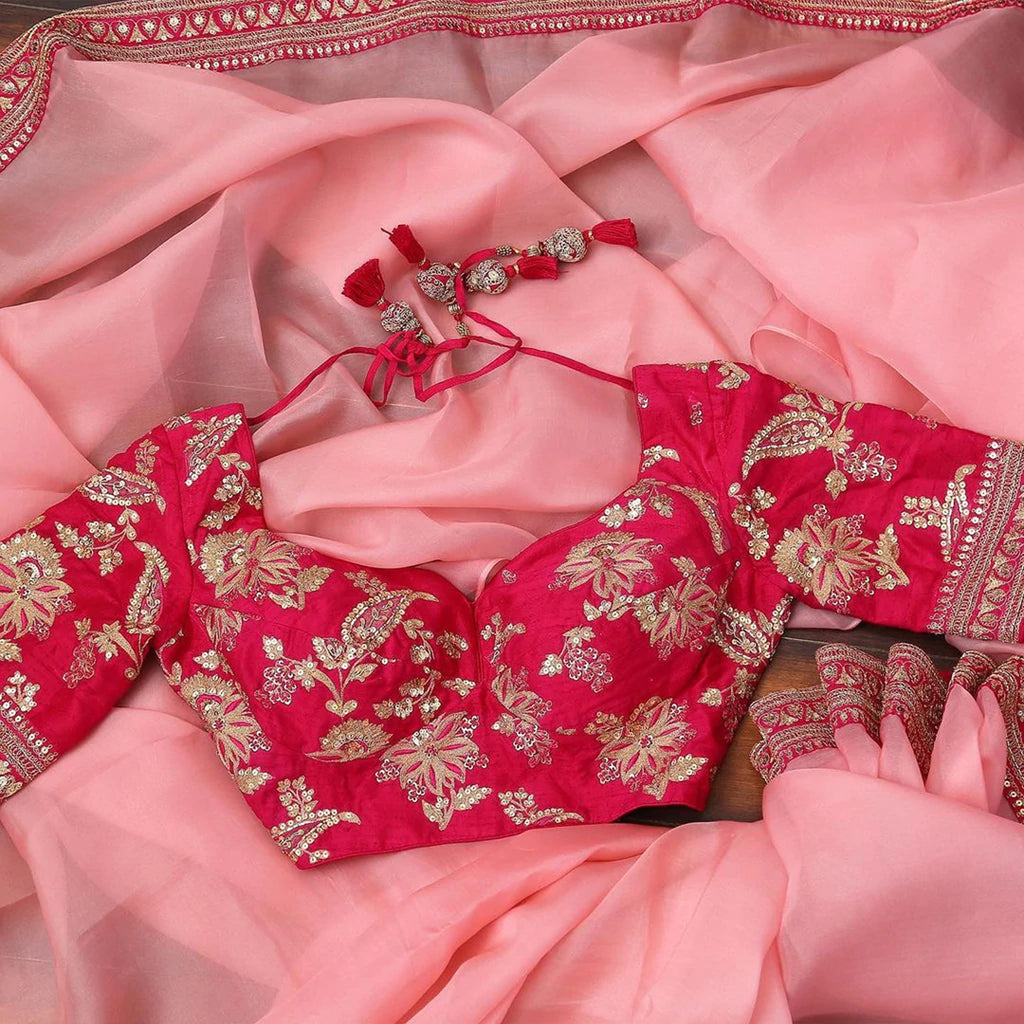 Organza Saree with Lace Border and Embroidery Work with Dashing Silk Blouse ClothsVilla