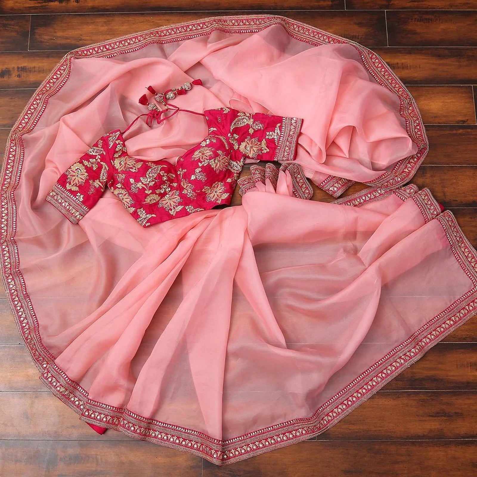 Organza Saree with Lace Border and Embroidery Work with Dashing Silk Blouse ClothsVilla