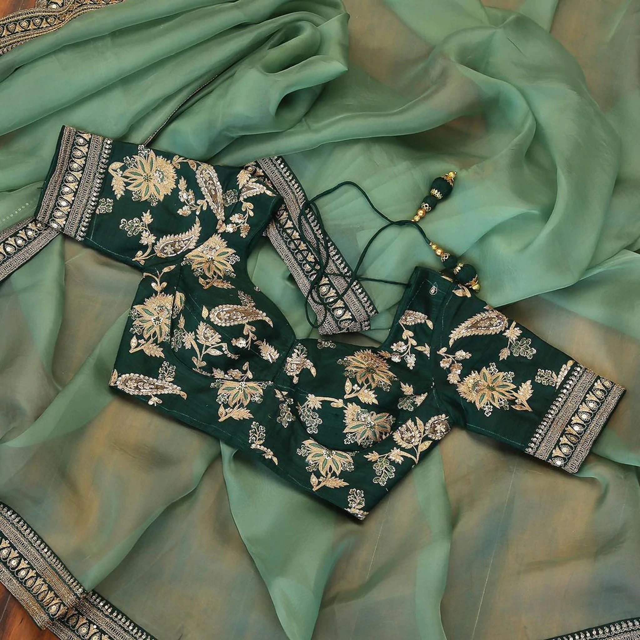 Organza Saree with Lace Border and Embroidery Work with Dashing Silk Blouse ClothsVilla