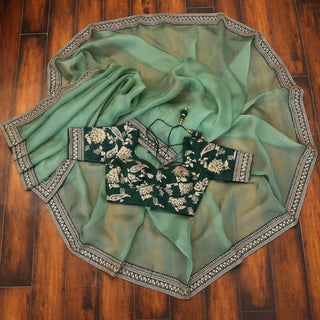 Organza Saree with Lace Border and Embroidery Work with Dashing Silk Blouse ClothsVilla