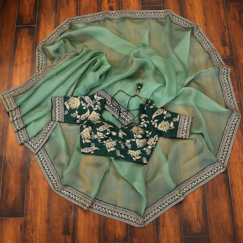 Organza Saree with Lace Border and Embroidery Work with Dashing Silk Blouse ClothsVilla